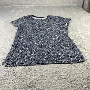 St Johns Bay Womens 1X Paisley T-Shirt Navy Blue White 100% Cotton Short Sleeve